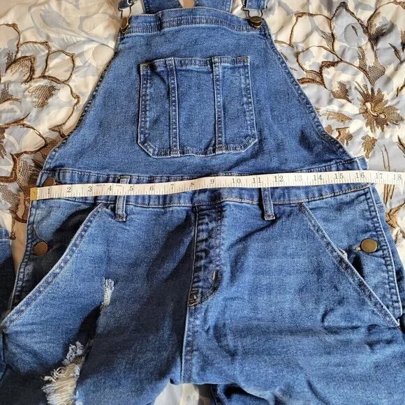 No Boundaries Blue Denim Distressed Overalls - Size LG - Picture 4 of 8